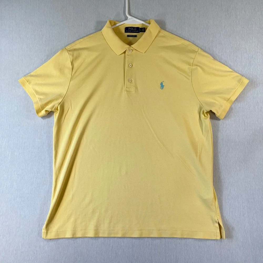 Polo Ralph Lauren Mens Large Custom Slim Fit Polo Shirt Yellow Blue Pony Preppy